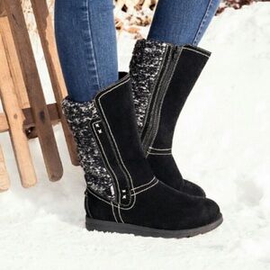 Muk Luks Women’s Boots Stacy Fabric Knit Faux Suede Water Resistant Black 9